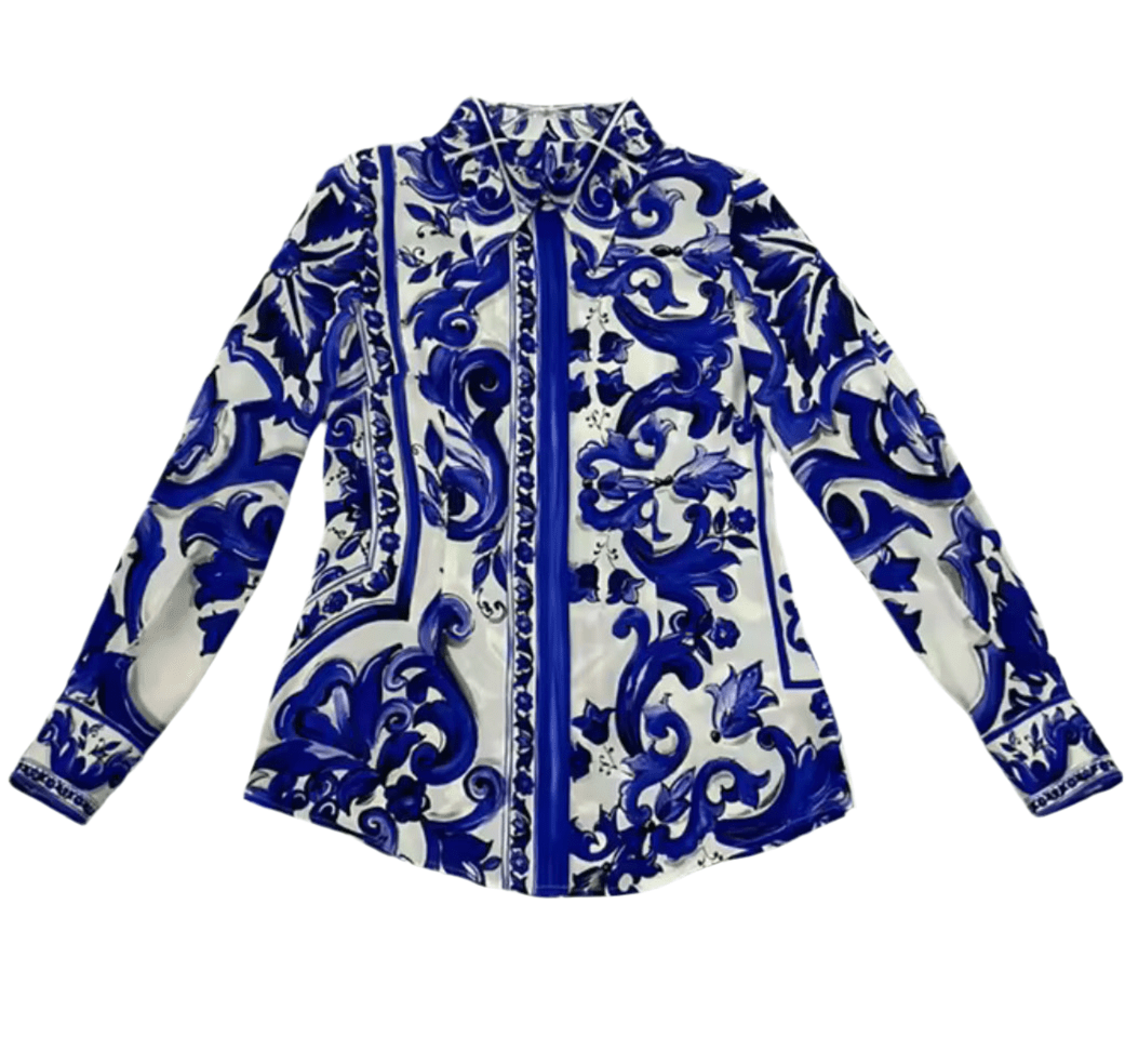 Blue Majolica porcelain print 100% silk long sleeve shirt - Dress By Vicky