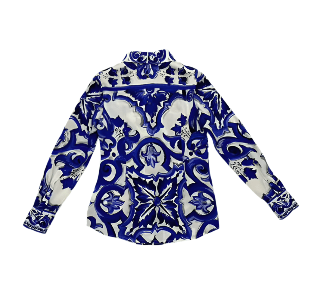 Blue Majolica porcelain print 100% silk long sleeve shirt - Dress By Vicky