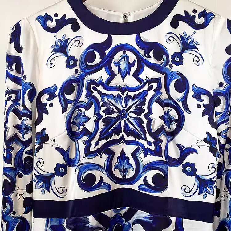 Blue Majolica Porcelain print 100% silk midi dress - Dress By Vicky