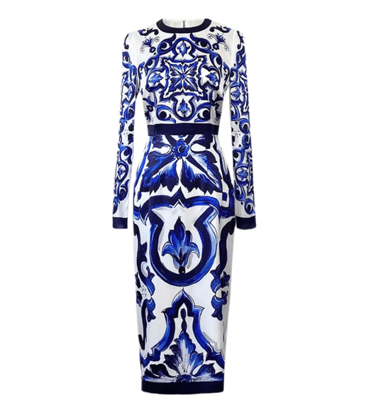 Blue Majolica Porcelain print 100% silk midi dress - Dress By Vicky