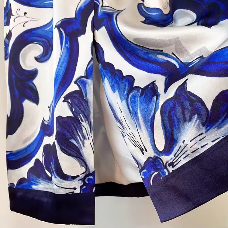 Blue Majolica Porcelain print 100% silk midi dress - Dress By Vicky