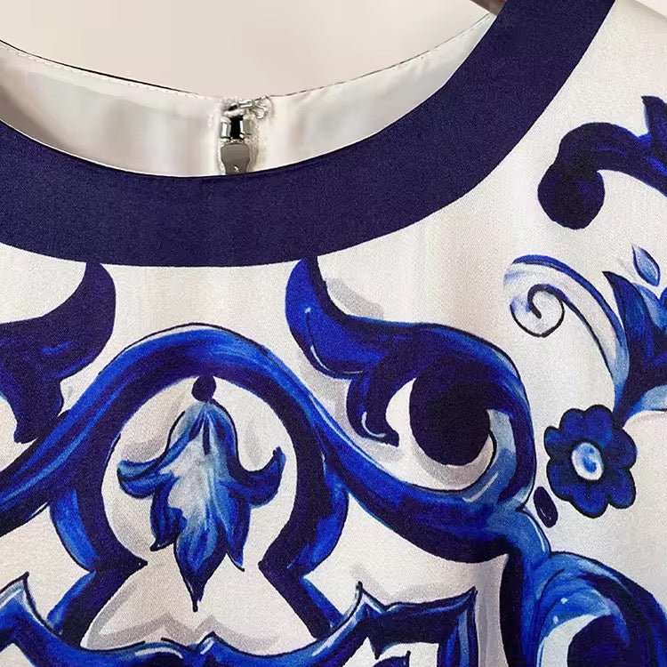 Blue Majolica Porcelain print 100% silk midi dress - Dress By Vicky