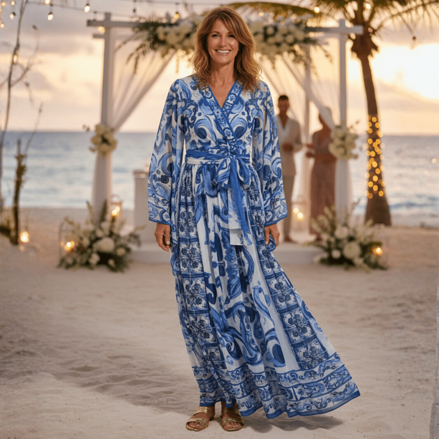 Blue Majolica Porcelain print Flared sleeves maxi dress - Dress By Vicky