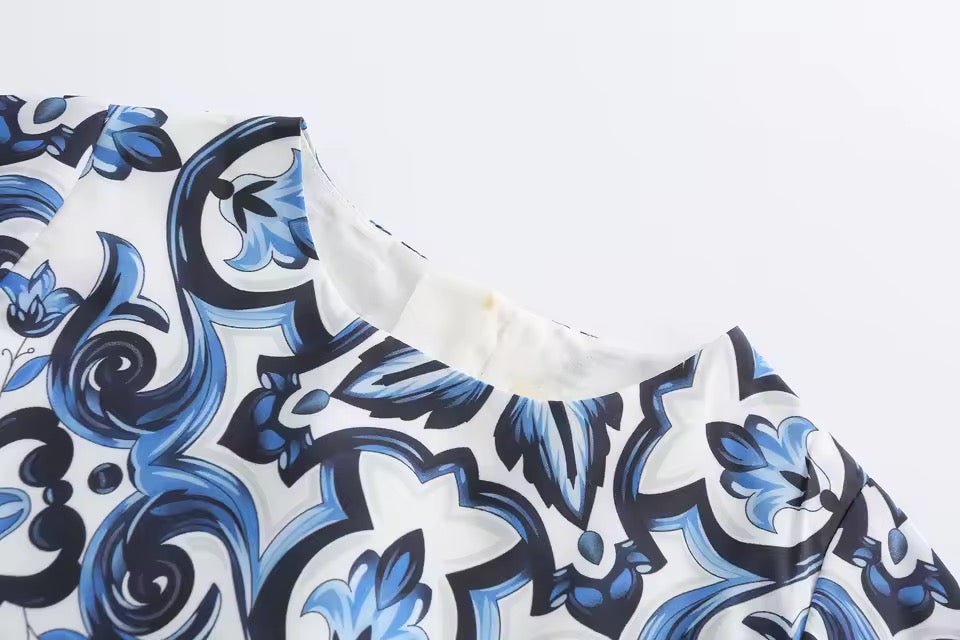 Blue majolica print short sleeves kids dress - Dress By Vicky