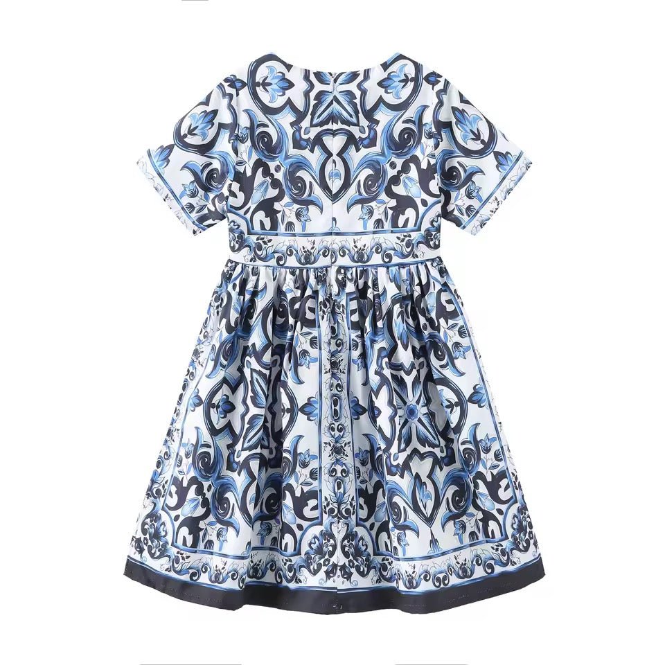 Blue majolica print short sleeves kids dress - Dress By Vicky
