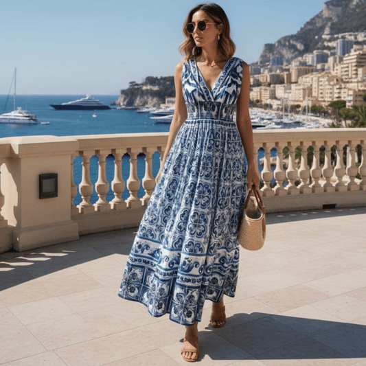 Blue Porcelain Majolica print 100% cotton bow shoulder maxi dress - Dress By Vicky