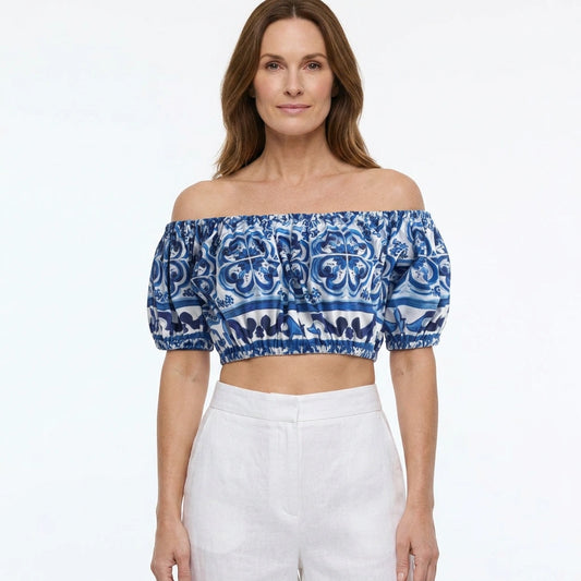 Blue Majolica Cotton Off Shoulder Crop Top