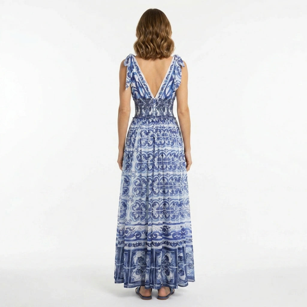Blue Majolica Chiffon Maxi Dress with Bow Straps