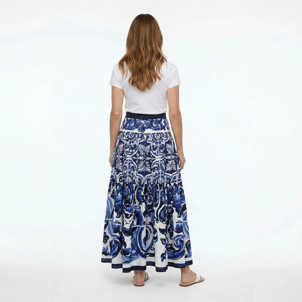 Blue Majolica print maxi gathered cotton skirt