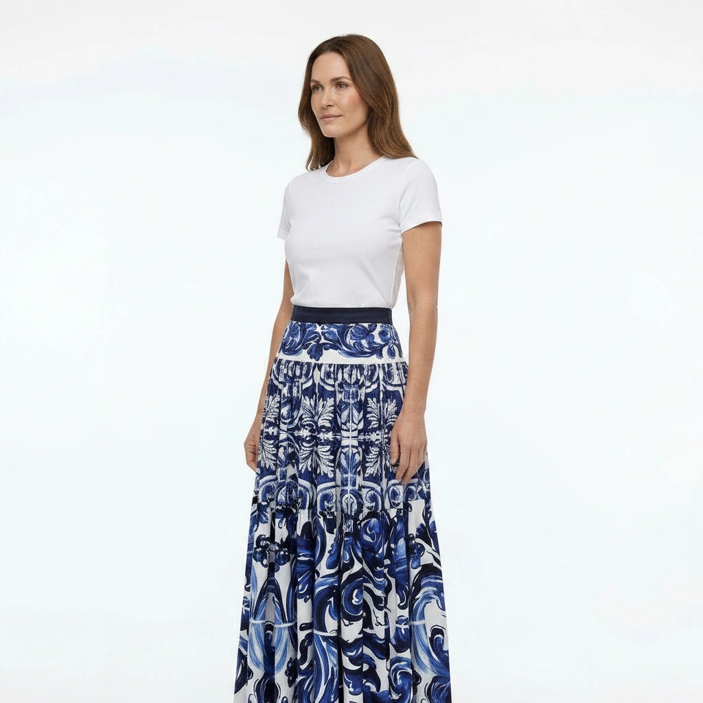 Blue Majolica print maxi gathered cotton skirt