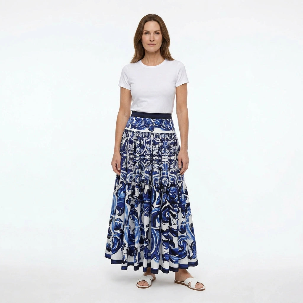 Blue Majolica print maxi gathered cotton skirt