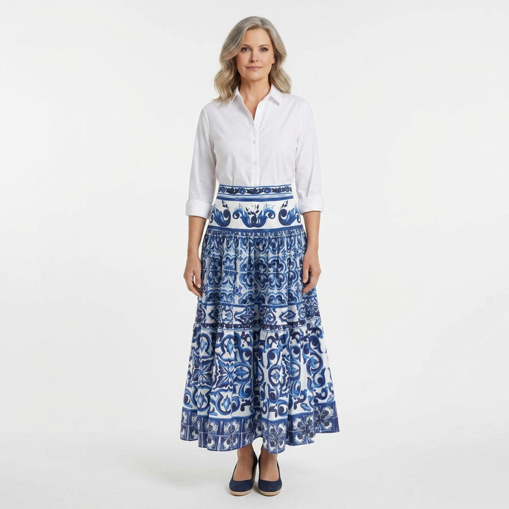 Light Blue Majolica maxi cotton skirt