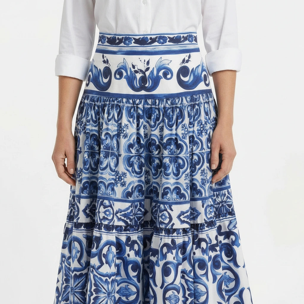 Light Blue Majolica maxi cotton skirt