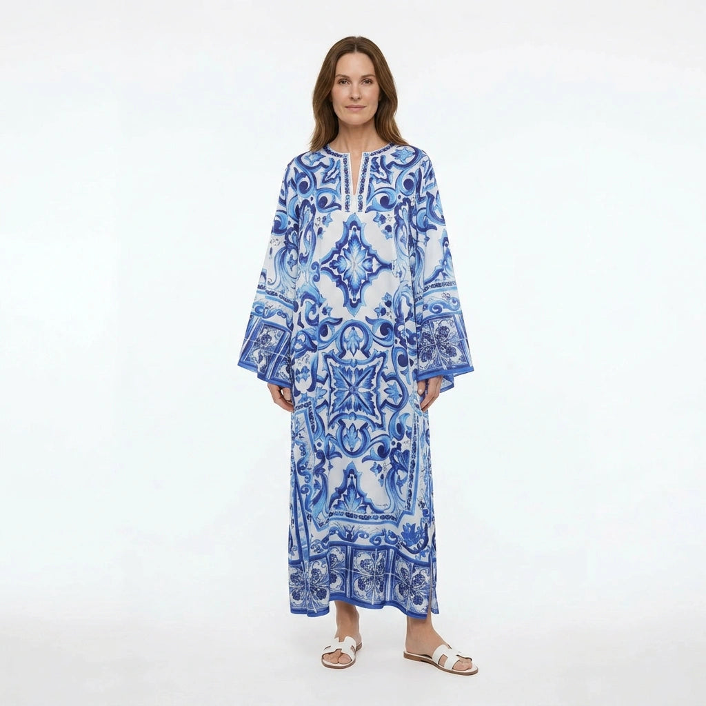Italian Blue Majolica print maxi Kaftan dress