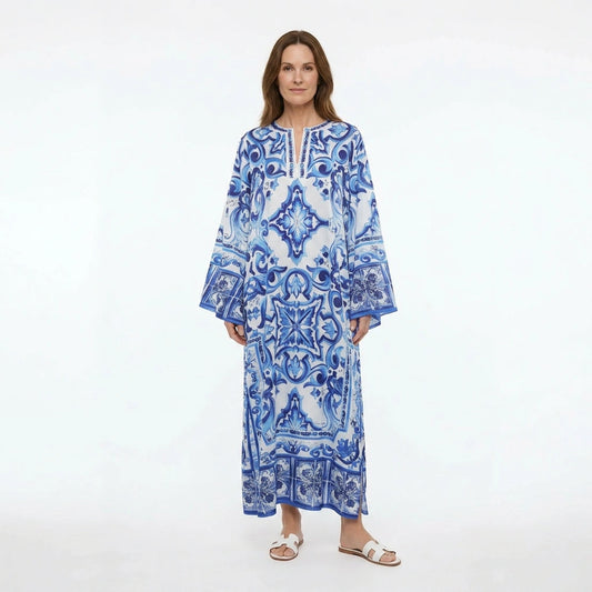 Italian Blue Majolica print maxi Kaftan dress