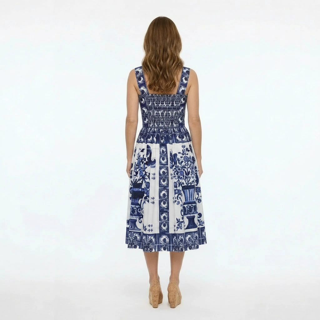Blue Majolica Cotton Midi Dress with Padded Cups
