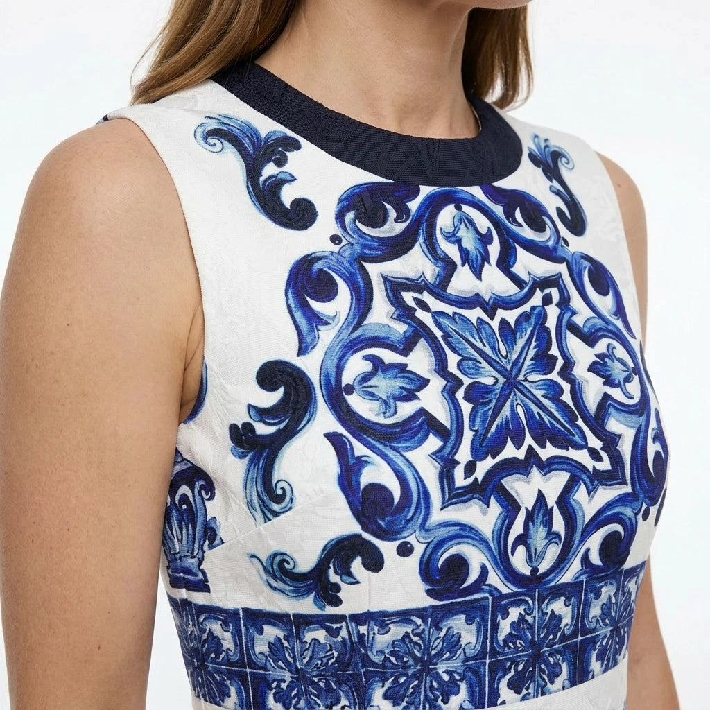 Blue Majolica Brocade Mini Dress