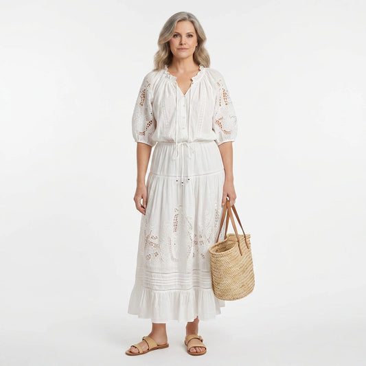 Conjunto de blusa y falda de algodón blanco bordado inglés