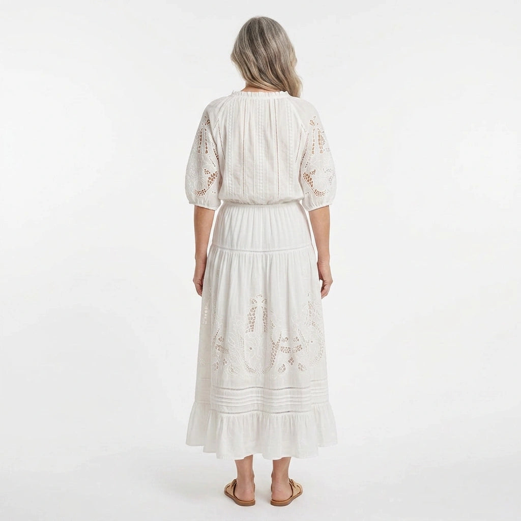 White Broderie Cotton Blouse and Skirt Set