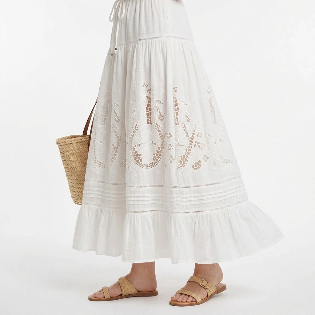White Broderie Cotton Blouse and Skirt Set