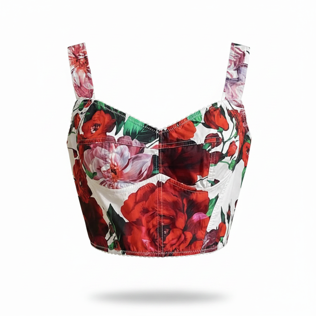 Red Floral Cotton Bustier Top