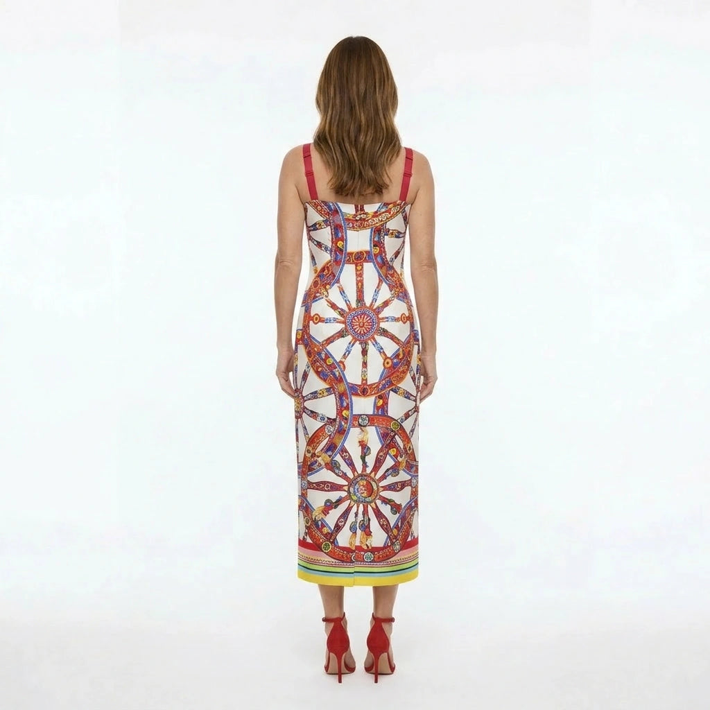 Carretto Print White Silk Midi Dress