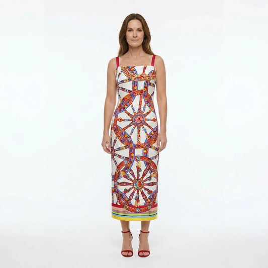 Carretto Print White Silk Midi Dress