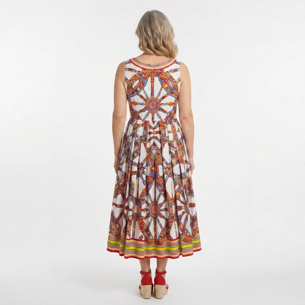 Mehrfarbiges geblümtes Baumwoll-Midikleid