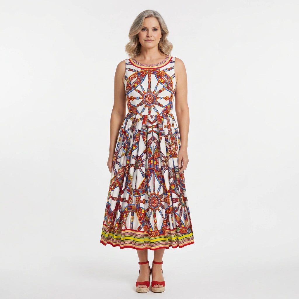 Mehrfarbiges geblümtes Baumwoll-Midikleid