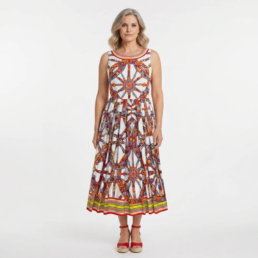 Sicilian Carretto Cotton Midi Dress with Pockets