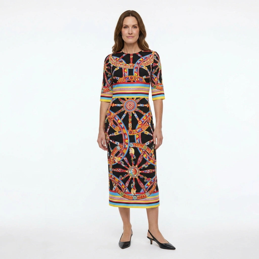 Carretto Silk Midi Dress with Half Sleeves