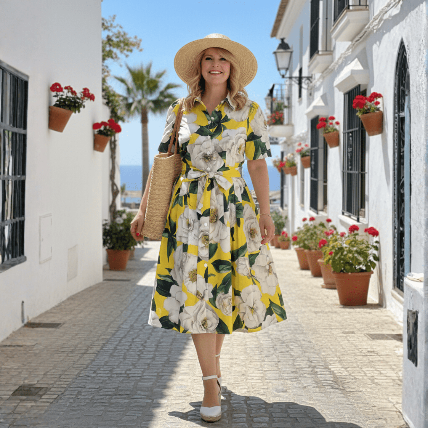 Cotton floral yellow shirt midi dress in white magnolia print - Dress By Vicky