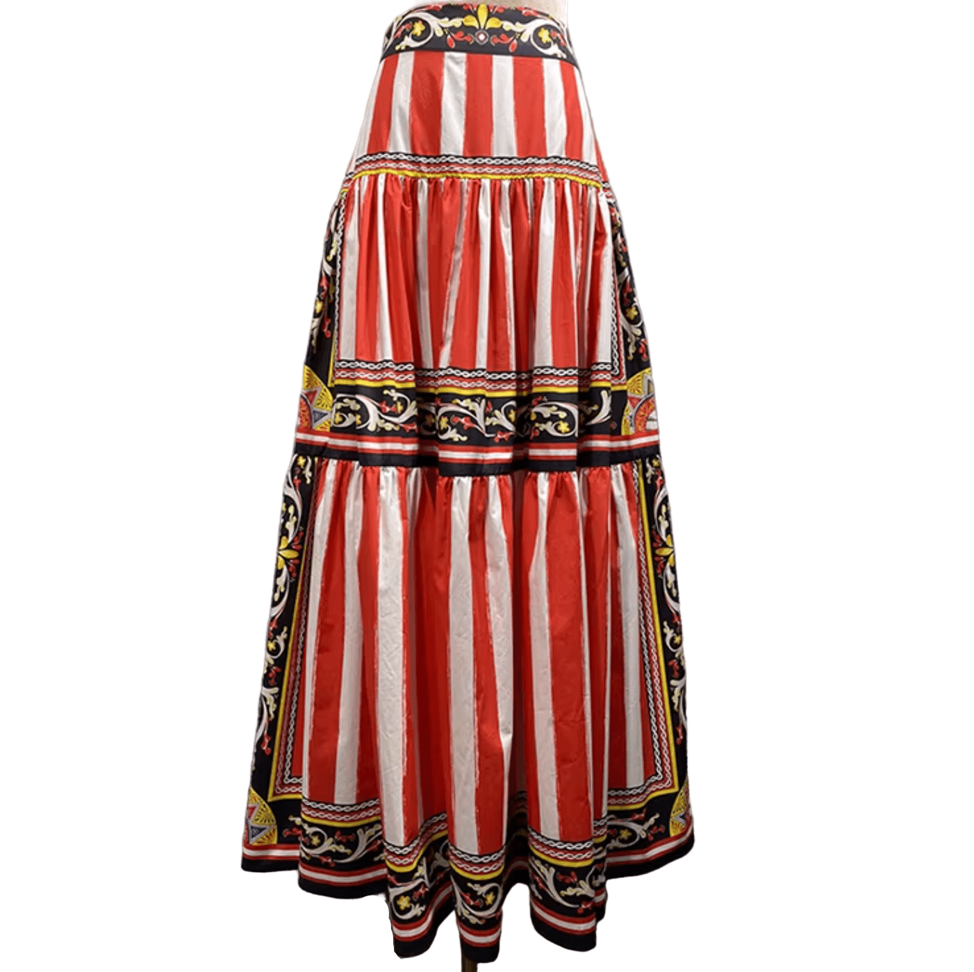 Cotton Maxi Skirt in Red Stripe & Baroque Border Print - Dress By Vicky