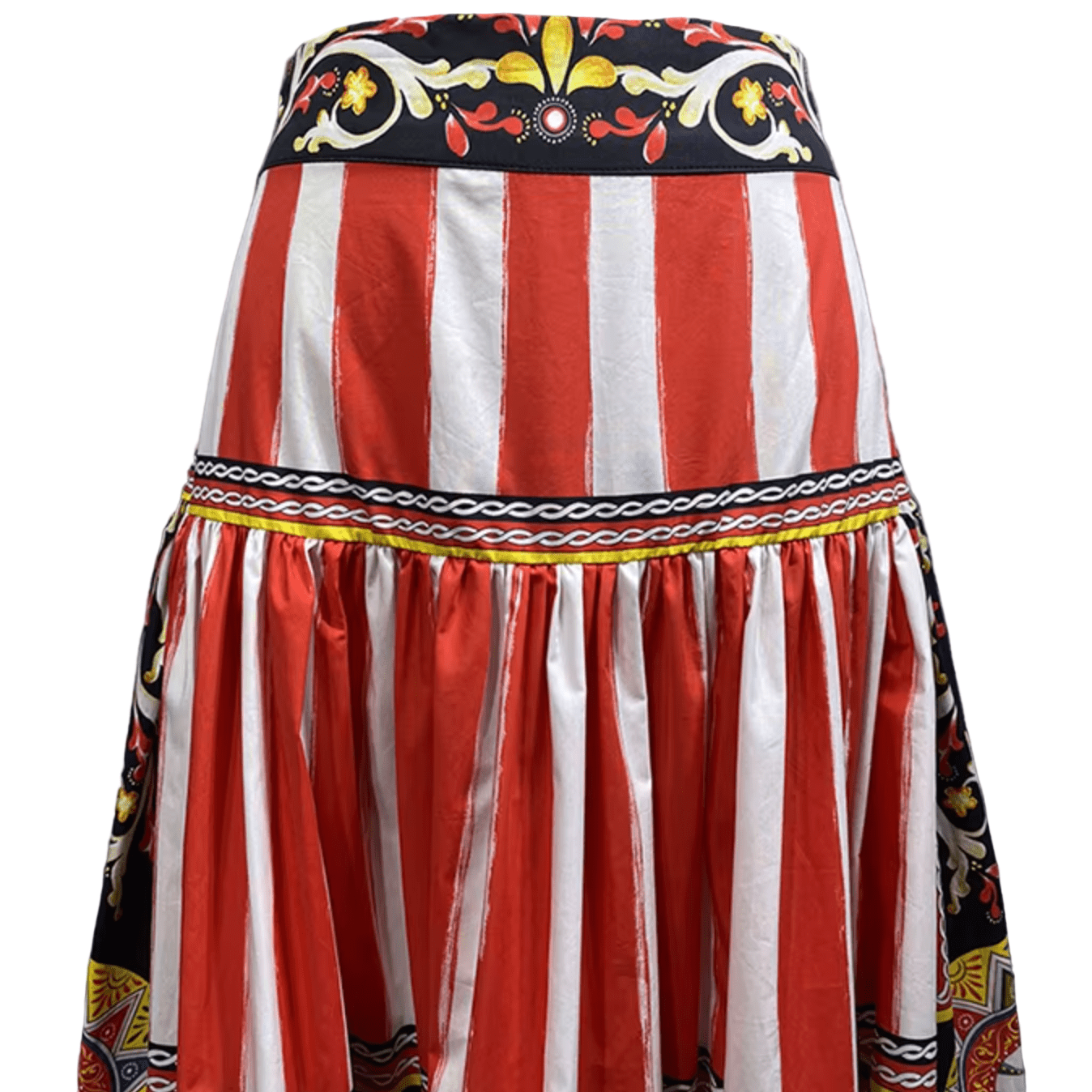 Cotton Maxi Skirt in Red Stripe & Baroque Border Print - Dress By Vicky