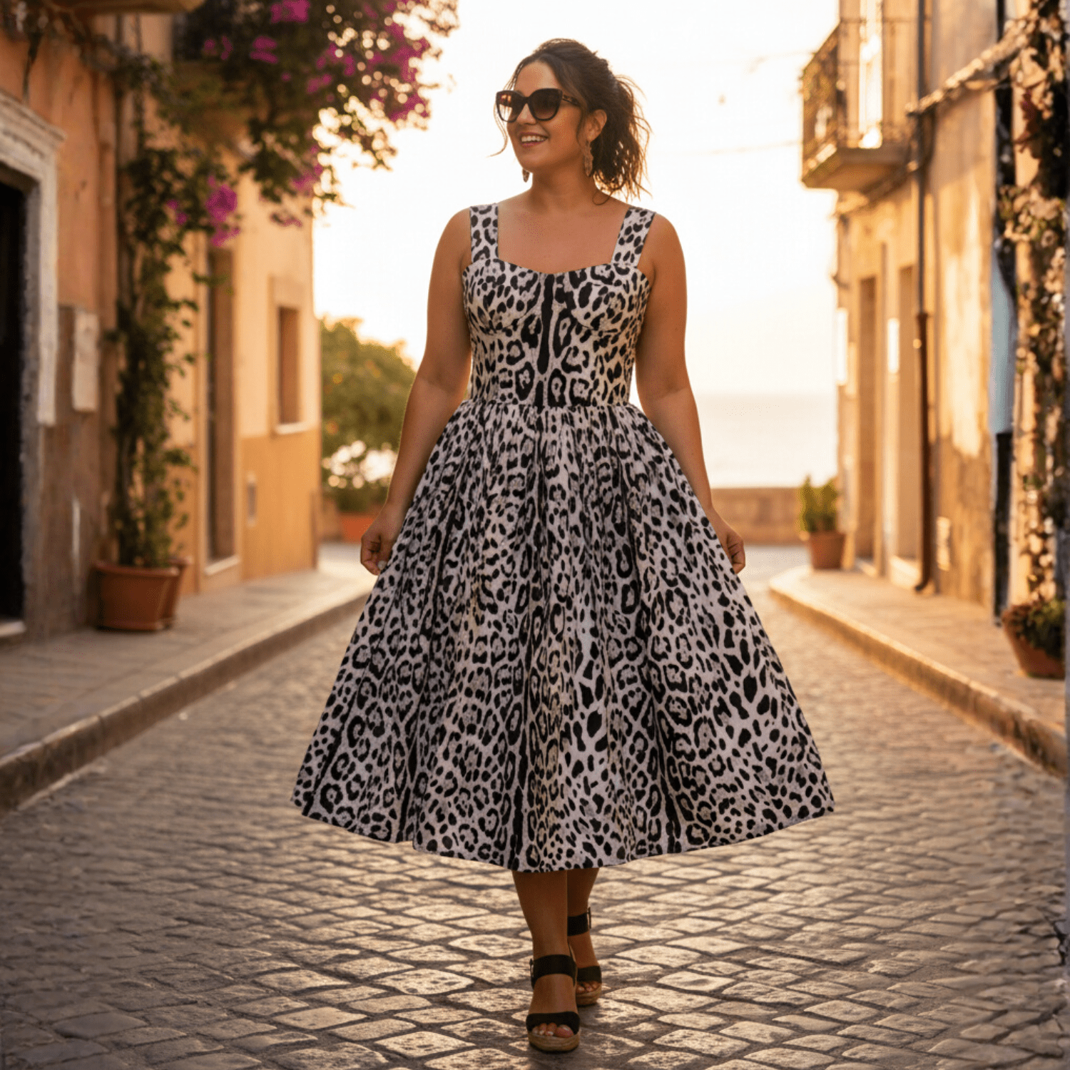 Grey Leopard Print Cotton Midi Dress with Padded Cups M / EU36 / US6