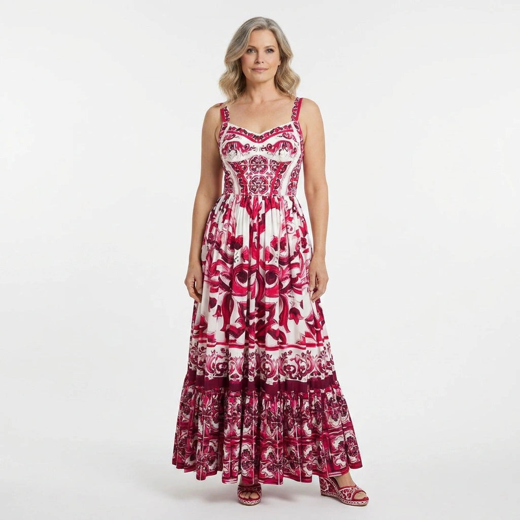 Red Majolica print cotton maxi dress