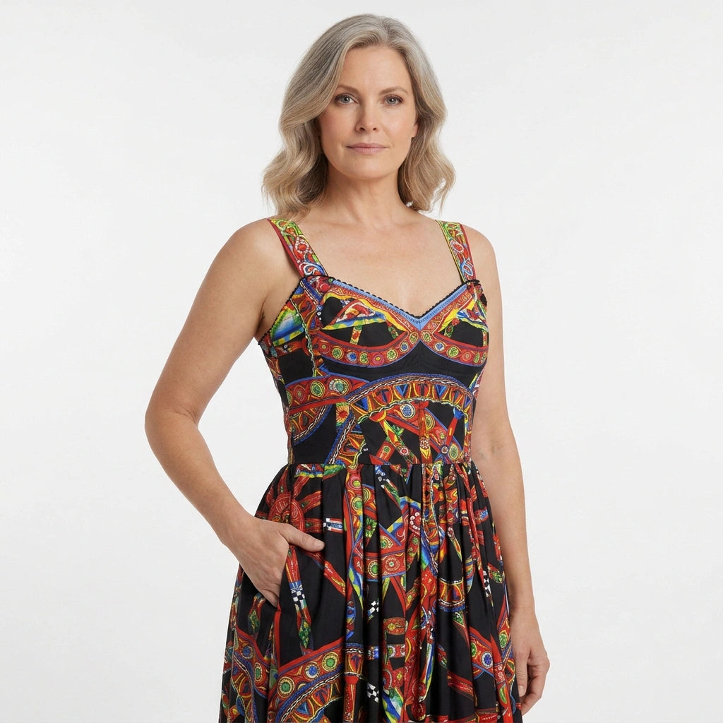 Vestido bustier largo de algodón con estampado de leopardo