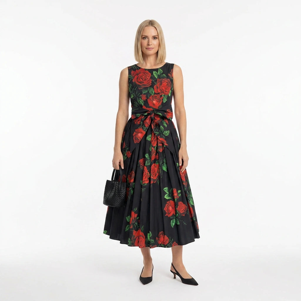 Oranges Baumwoll-Midiriederkleid mit Majolika-Muster und Schleifengürtel