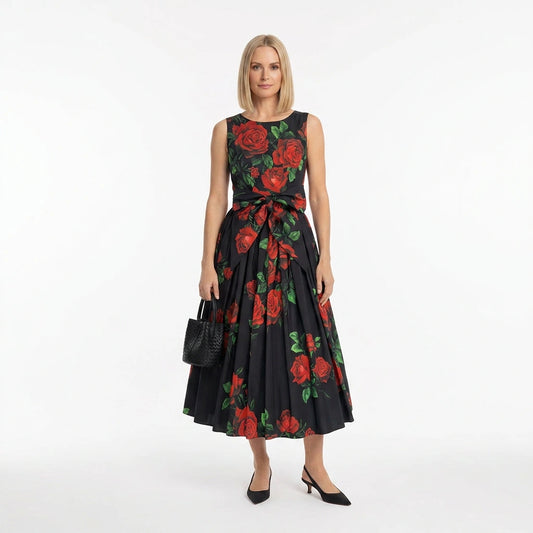 Oranges Baumwoll-Midiriederkleid mit Majolika-Muster und Schleifengürtel