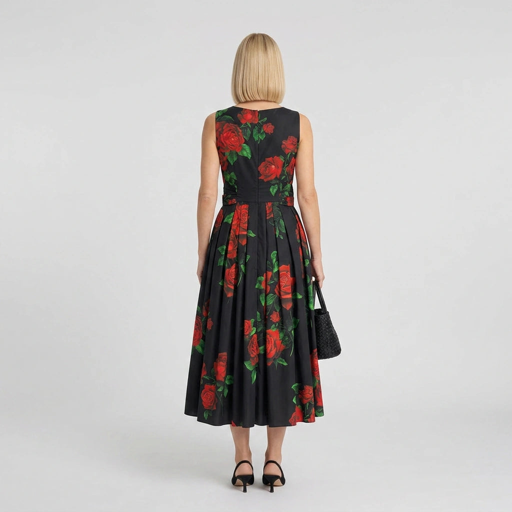 Oranges Baumwoll-Midiriederkleid mit Majolika-Muster und Schleifengürtel