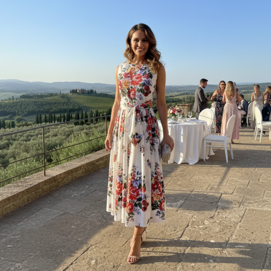 Floralia Italiana White Cotton Midi Dress with Tie Belt