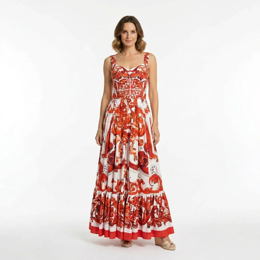 Orange Majolica Cotton Maxi Dress