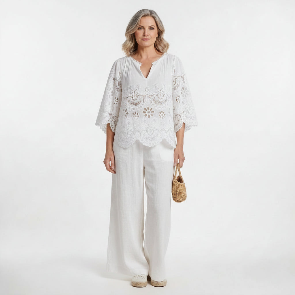 White Broderie Cotton Half Sleeve Top and Shorts Set