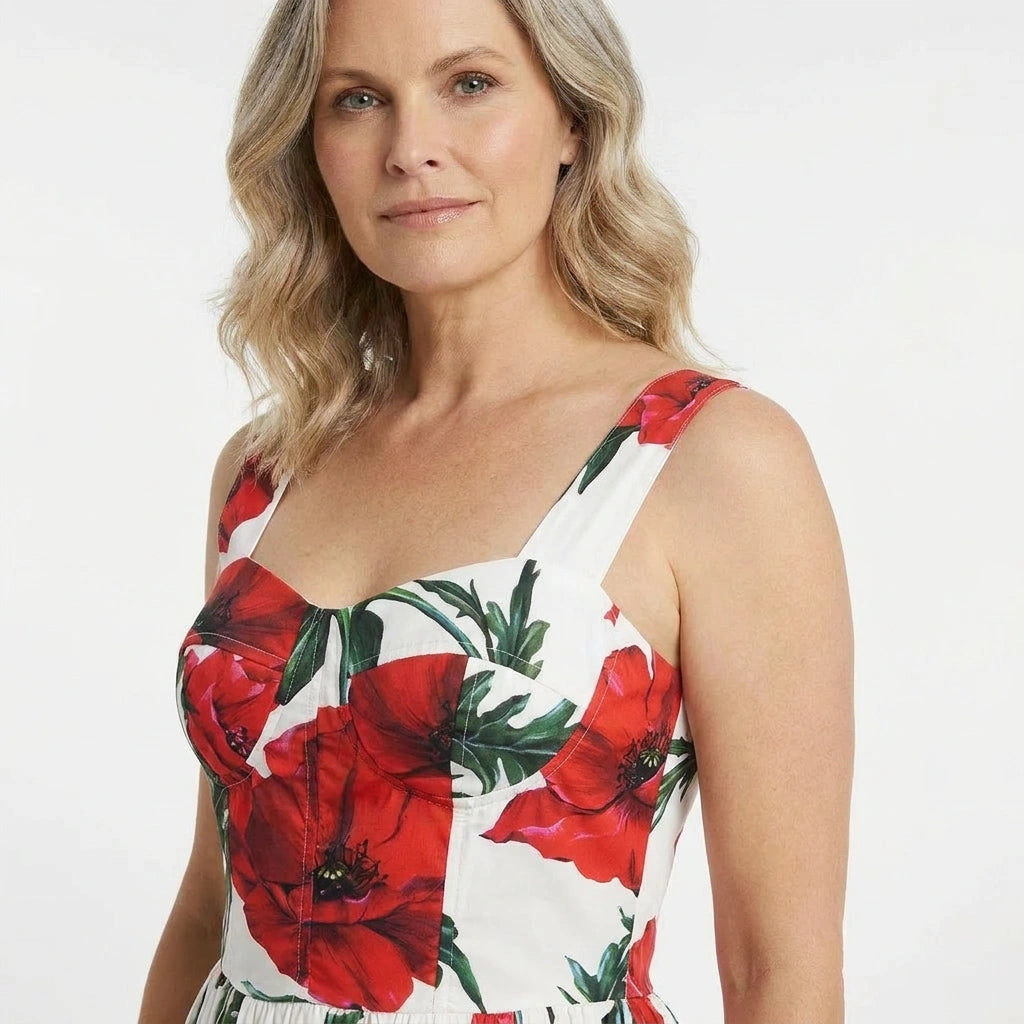 Red Poppies Floral Cotton Midi Dress with Padded Cups