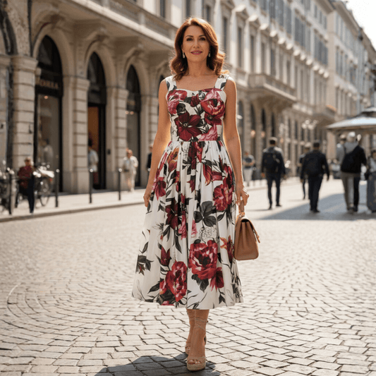 Floral Red Lilies print push up 100% cotton dress - Dress By Vicky