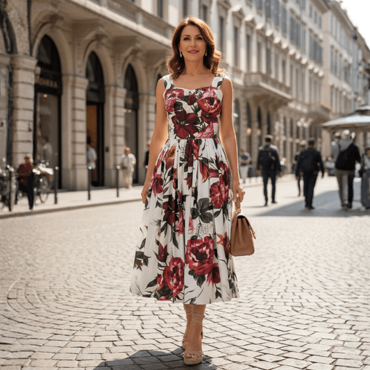 Floral Red Lilies print push up 100% cotton dress - Dress By Vicky