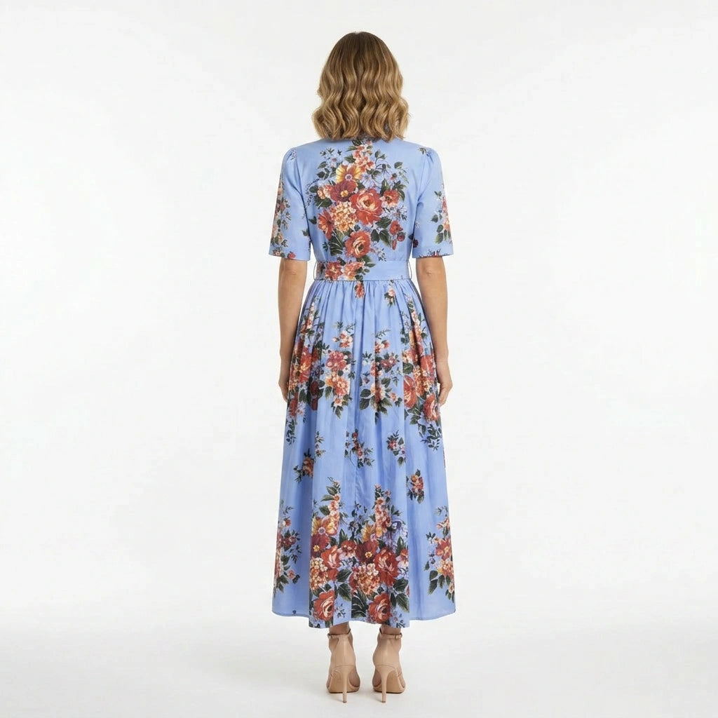 Floralia Italiana Blue Cotton Midi Shirt Dress