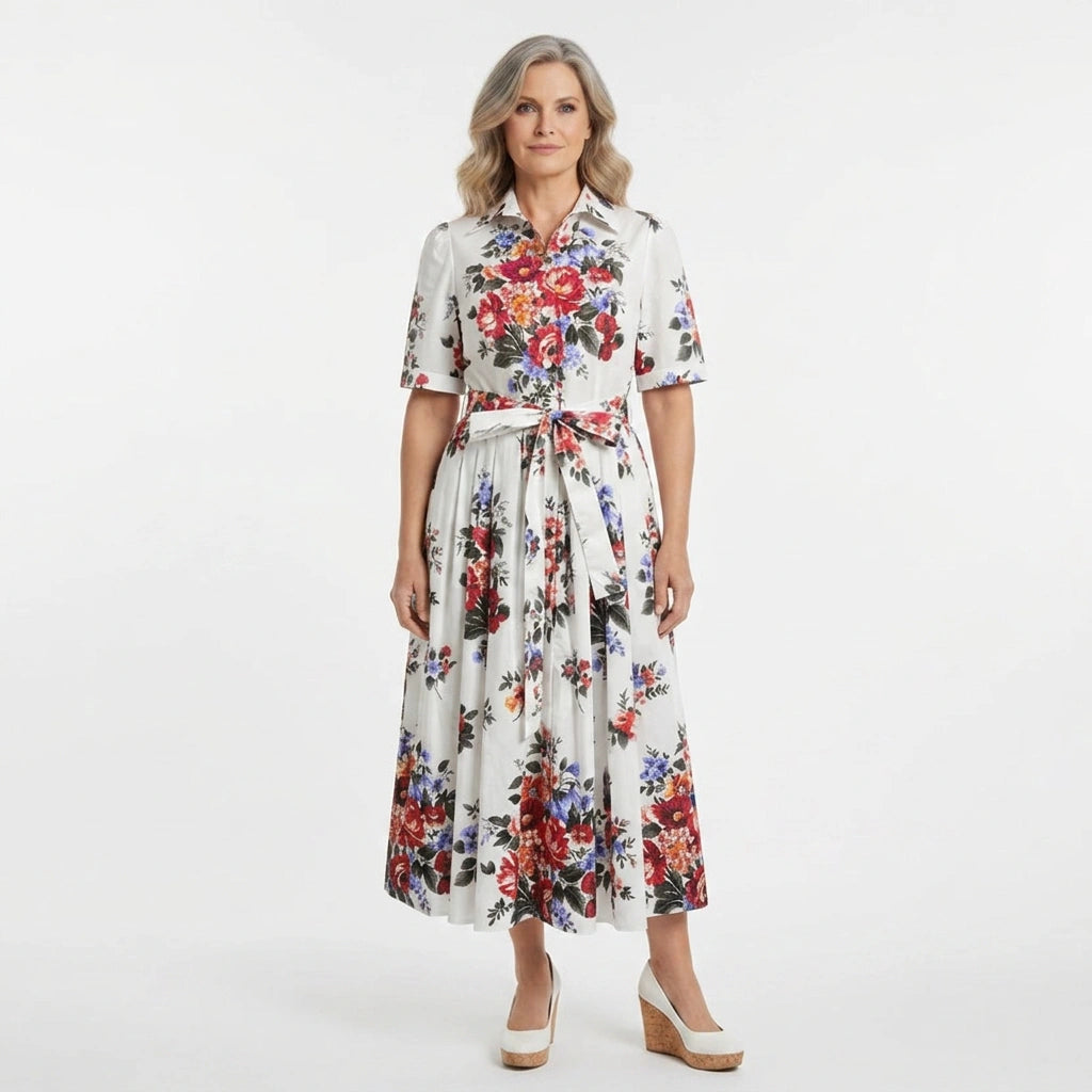 Floralia Italiana White Cotton Midi Shirt Dress