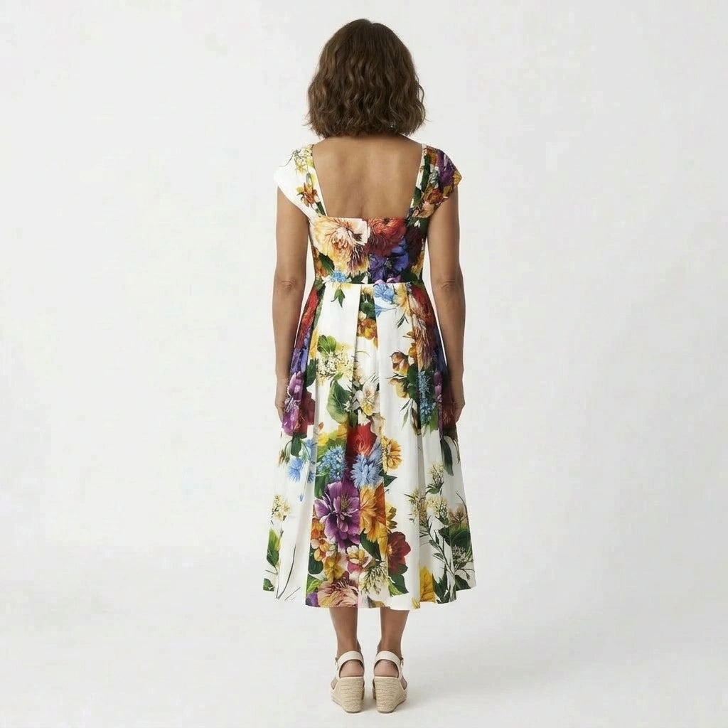 Italian floral print cap sleeve 100% cotton midi dress