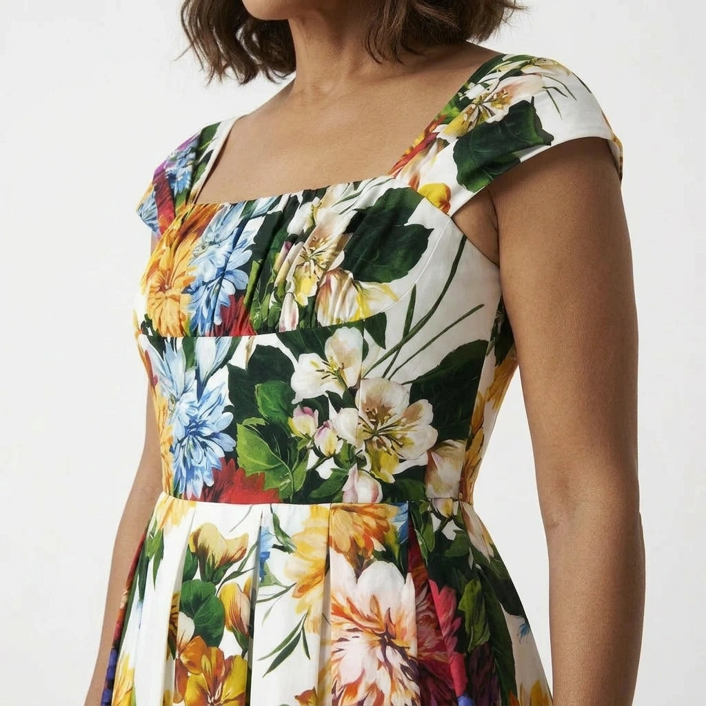 Italian floral print cap sleeve 100% cotton midi dress